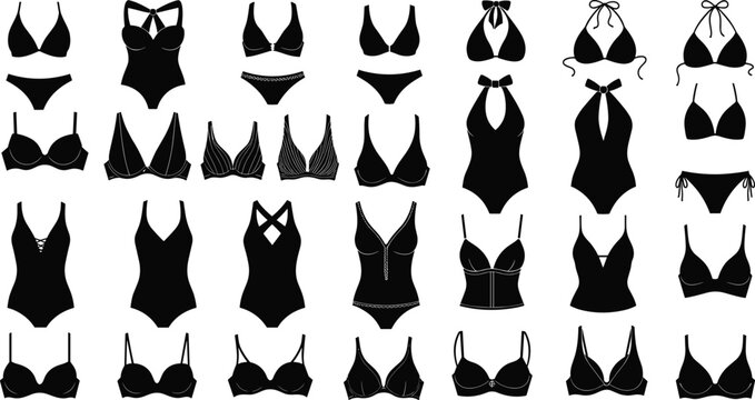 Women&rsquo;s swimwear silhouette set &mdash; diverse black icons of bikinis, one-pieces, tankinis, and monokinis for fashion design and catalog use.