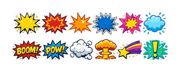 Colorful comic style pop art explosions and speech bubbles with text for dynamic designs