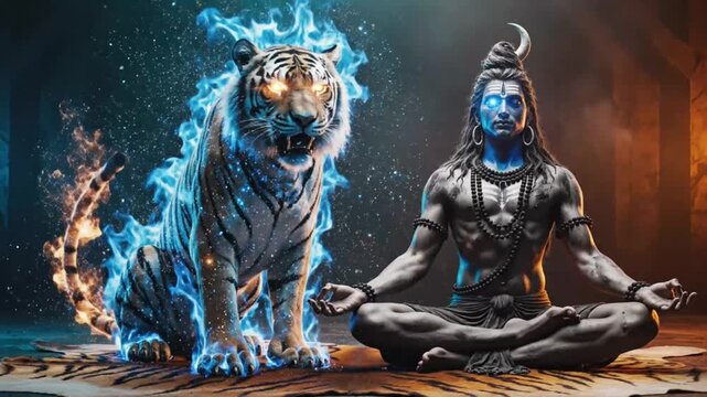 Mythical blue deity meditates beside a glowing tiger with blue aura.