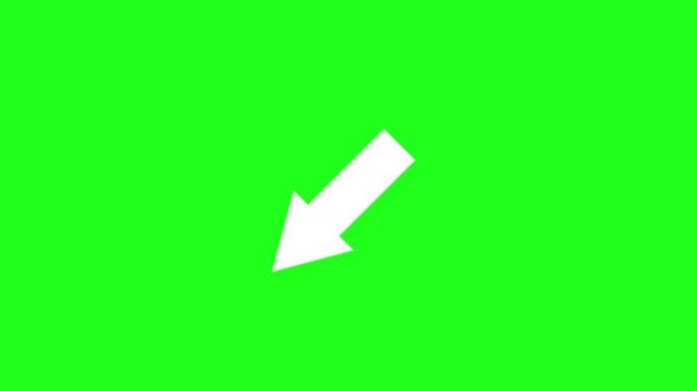 directional white arrow pointing in a diagonal direction indicator icon symbol animated on a green screen chroma key background and held for nearly a minute on screen 4K animation