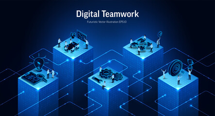 Digital teamwork business concept 3D isometric vector illustration. Team collaboration, puzzle connect and goal achievement strategy. Corporate background for ai partnership, leadership, innovation