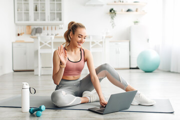 Online trainer and lesson, sports chat, active lifestyle and workout at home, COVID-19. Smiling...