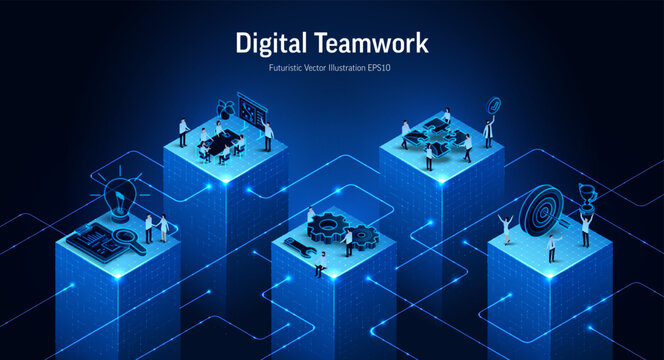 Digital teamwork business concept 3D isometric vector illustration. Team collaboration, puzzle connect and goal achievement strategy. Corporate background for ai partnership, leadership, innovation