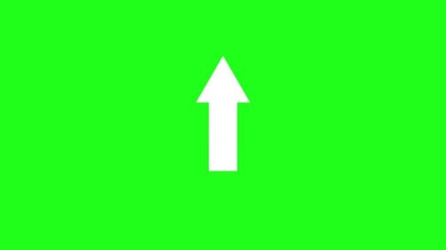 directional white arrow pointing in an up north upward direction indicator icon symbol animated on a green screen chroma key background and held for nearly a minute on screen 4K animation