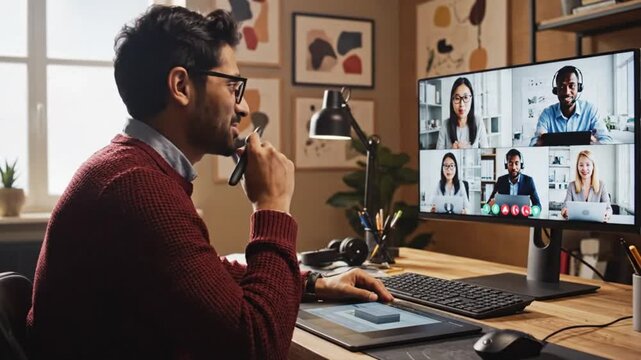 Person conducting online video conference with multiple participants on screen.