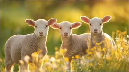 Obraz premium lambs. Young lambs exploring a sunlit meadow filled with spring wildflowers. wildlife magazines, conservation campaigns, designed for wildlife conservation campaigns, promotes animal welfare. 