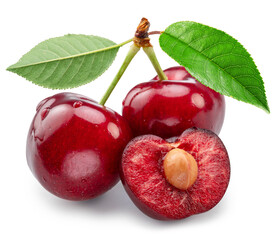 Sweet cherries with green leaf and half of cherry isolated on white background. Cut out PNG file.
