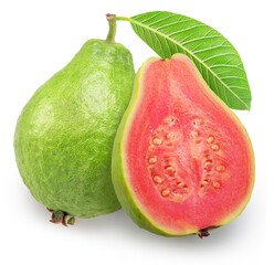 Ripe green guava and cross section of guava with pink flesh on white background. File contains...