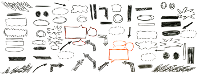 Crayon drawn text box collection. Rectangle and round shapes with pencil sketch texture. Vector ink illustration. Grunge crayon outline text boxes for notes. Hand drawn texture doodle shapes.