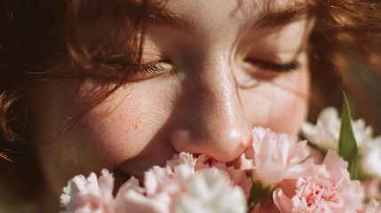 a woman admires a bouquet of flowers.