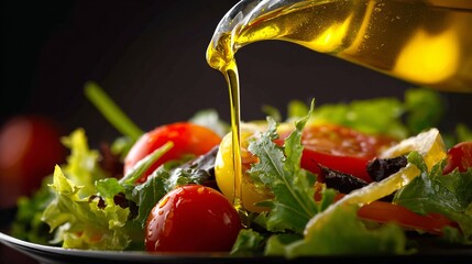 olive oil is poured onto a vegetable salad.