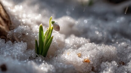 A snowdrop breaks through the snow.