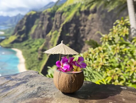 Tropical cocktail enjoying na pali coast view in kauai, hawaii