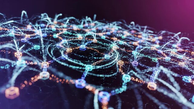 Abstract blockchain network visualization with interconnected nodes and distributed ledger technology. Digital cryptocurrency infrastructure displaying decentralized data connections, encryption