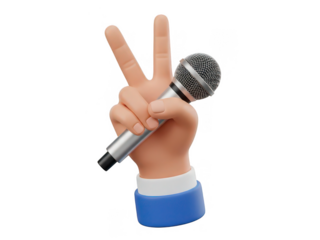 Hand holding microphone with peace sign isolated on transparent background