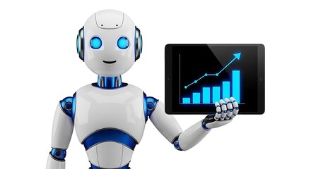 A white and blue robot with glowing blue eyes holds a tablet displaying a bar graph with an upward trend on a plain white background.