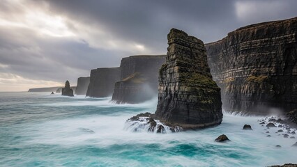 Dramatic coastal cliffs under stormy sky scenic landscape photography