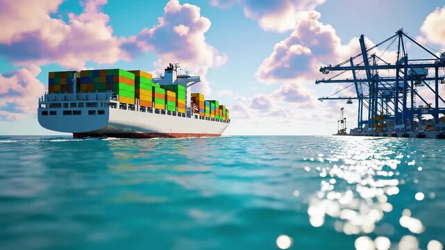 Container cargo ship loaded with freight approaching port terminal with loading cranes. Maritime shipping industry for international trade, logistics transportation, and global import export