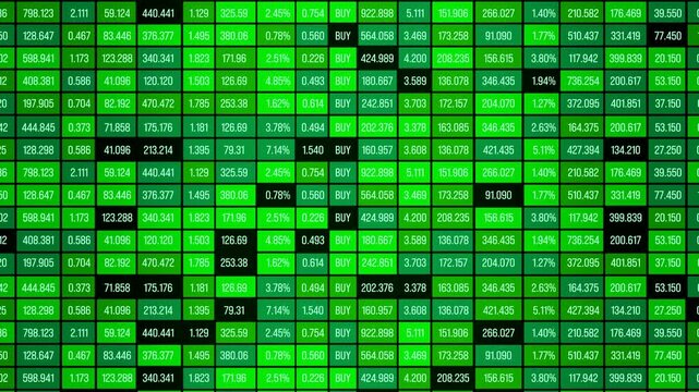 Green colored spreadsheet with financial figures, revenue, sales data, buy, rates. Information, financial report, percentages, business data, strategy and planning. 3D animation