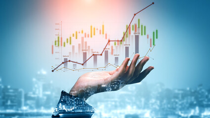 A graphic representation of financial growth is shown as a hand supports a digital graph over a city skyline, symbolizing market trends and investment opportunities in urban settings. Scalp