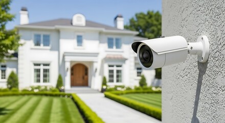 A white security camera mounted on the exterior wall of a large modern house with a well-manicured lawn and garden