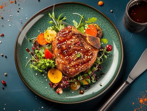 Grilled t-bone steak with vegetables and sesame seeds on elegant green plate