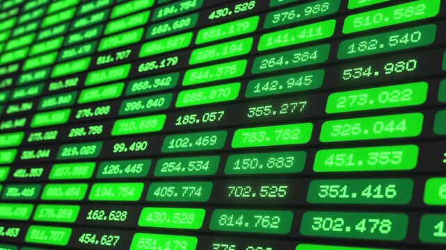 Close up screen with financial or scientific data, green table, market data, prices, parameters. Business data, financial planning or scientific evaluation, information, experimental results.