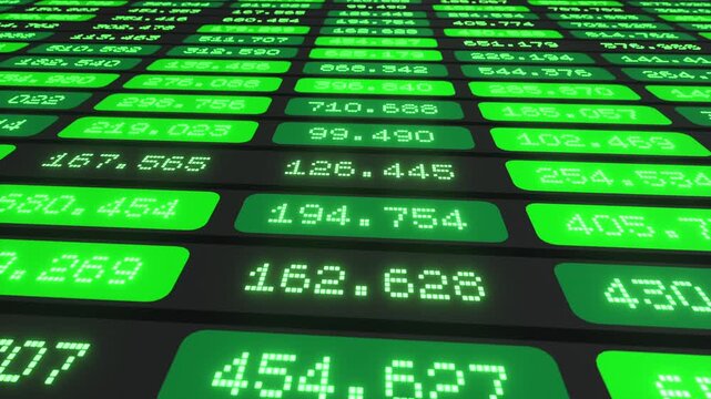 Close up screen with financial or scientific data, green table, market data, prices, parameters. Business data, financial planning or scientific evaluation, information, experimental results.