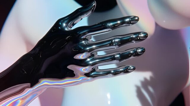 Futuristic black metal robot hands reaching out with a surreal magic touch. A concept of AI technology connection and cyber liquid alien body, 4K video footage.