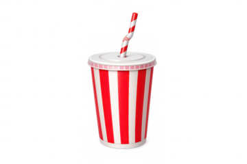 Red and white striped soda cup with straw and lid, holding a refreshing drink, fast food beverage on transparent background