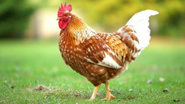 Proud brown and white rooster with vibrant red comb stands alertly on lush green grass in an outdoor rural setting