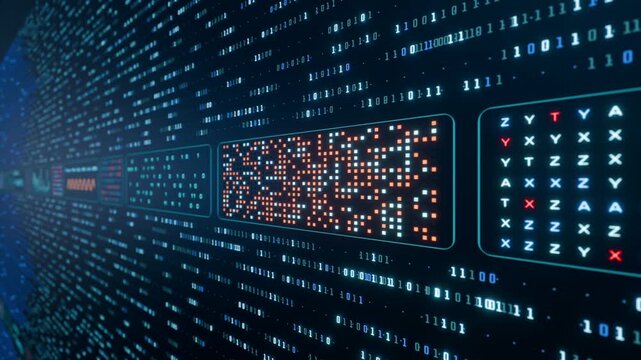 Big data, binary code, encryption, digital user interface, virtual reality concept. Futuristic, software configuration, data processing, technology, computer network.