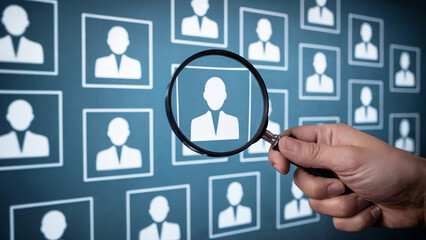 A hand holds a magnifying glass over a highlighted profile picture among many others on a digital screen