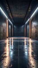 Illuminated Industrial Hallway - A Study in Light and Shadow.