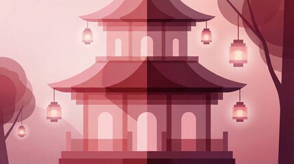 Traditional chinese pagoda temple illustration with glowing lanterns, asian architecture background, japanese shrine, night scene, flat design vector, ancient culture, peaceful evening, red landscape.