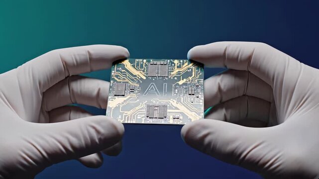 Gloved hands hold artificial intelligence circuit board with ai text and integrated electronic components. Technology concept represents machine learning hardware, semiconductor chip engineering
