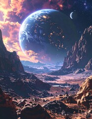Exoplanet Vista - A Breathtaking Alien Landscape with Distant Moon.