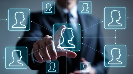 Business professional interacts with digital interface displaying connected profile icons representing networking and organizational structure. Virtual touchscreen technology illustrates human - Powered by Adobe