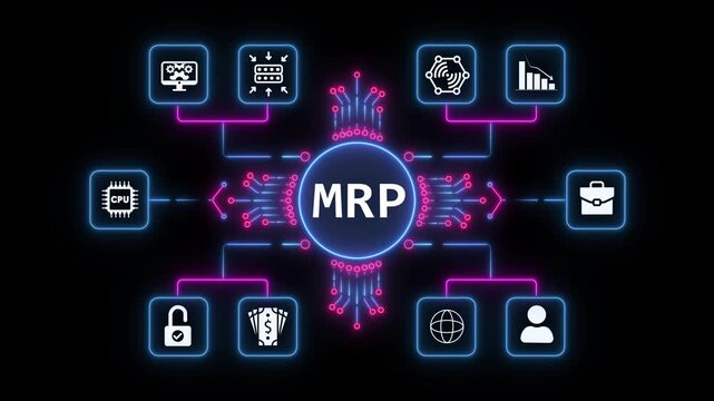 AI technology concept symbolizing modern computing, MRP network diagram with glowing neon lines connecting icons, and smart digital ecosystems. glowing neon circuit background animation.