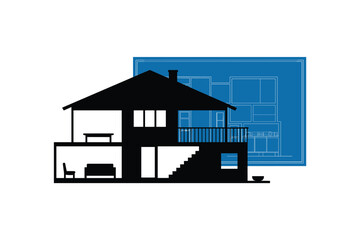 Architectural House Plan with Sectional Cut, construction planning concept