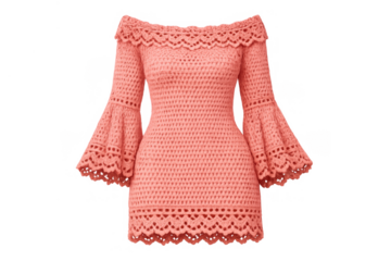 Pink off-shoulder crochet dress with bell sleeves and lace trim, handmade clothing for bohemian fashion style