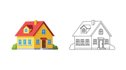 Fototapeta premium colorful house illustration and black and white outline drawing of a home
