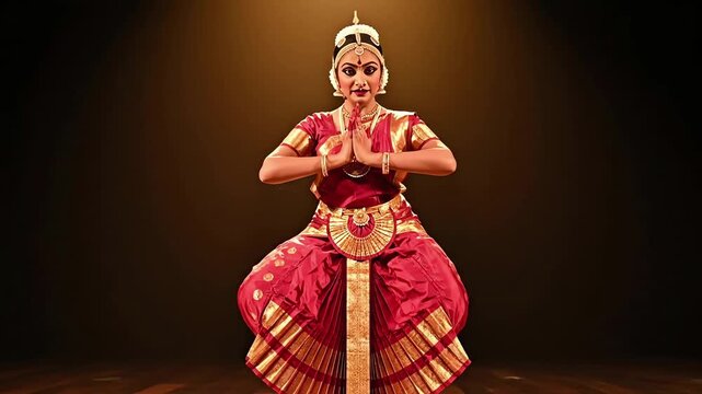 Traditional Bharatanatyam Dance Performance in Red Costume on Stage with Grace.