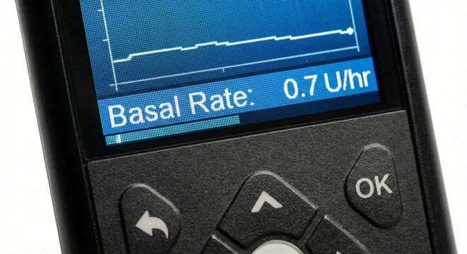 Macro shot of a digital insulin pump screen showing basal rate data and navigation buttons.