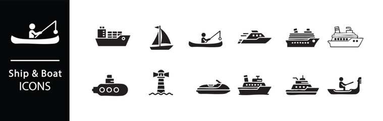 A collection of ship and boat icons in black and white © Posh Pallete