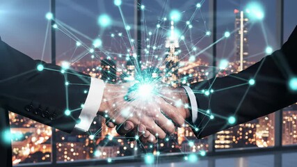 Business handshake overlaid with glowing digital network connections and city skyline backdrop. Partnership agreement represents corporate collaboration, professional trust and technological - Powered by Adobe