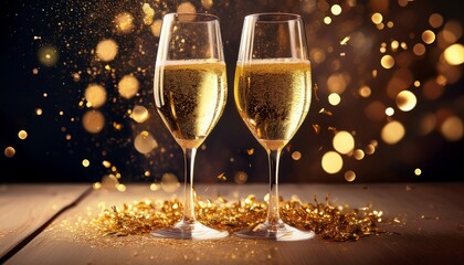 Celebrate Success With Elegant Champagne Glasses Shimmering With Golden Bubbles And Falling Confetti A Toast To Joyous Moments And Festive Occasions