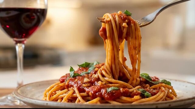 Spaghetti with tomato sauce basil and garlic twirled fork cozy dinner with red wine cozy dinner