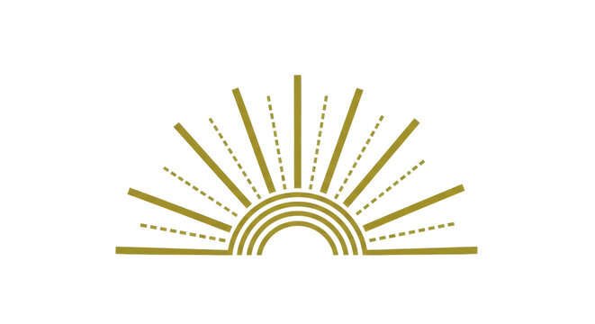 A minimalist, stylized sunburst illustration with geometric shapes and radiating rays of alternating solid and dashed lines in golden-olive green, on a transparent background with copy space, concept