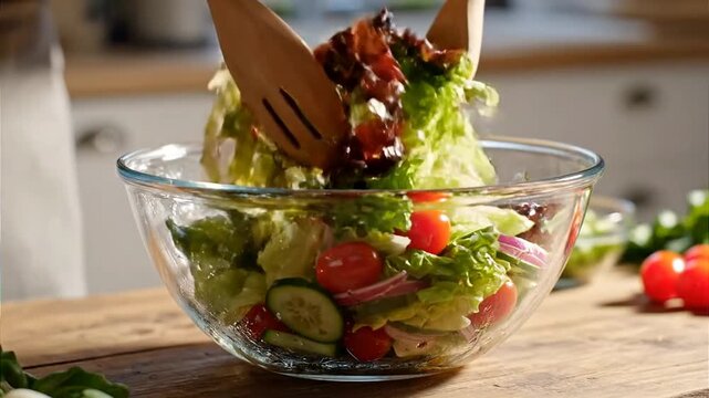 Fresh salad being tossed gently in a glass mixing bowl enhanced